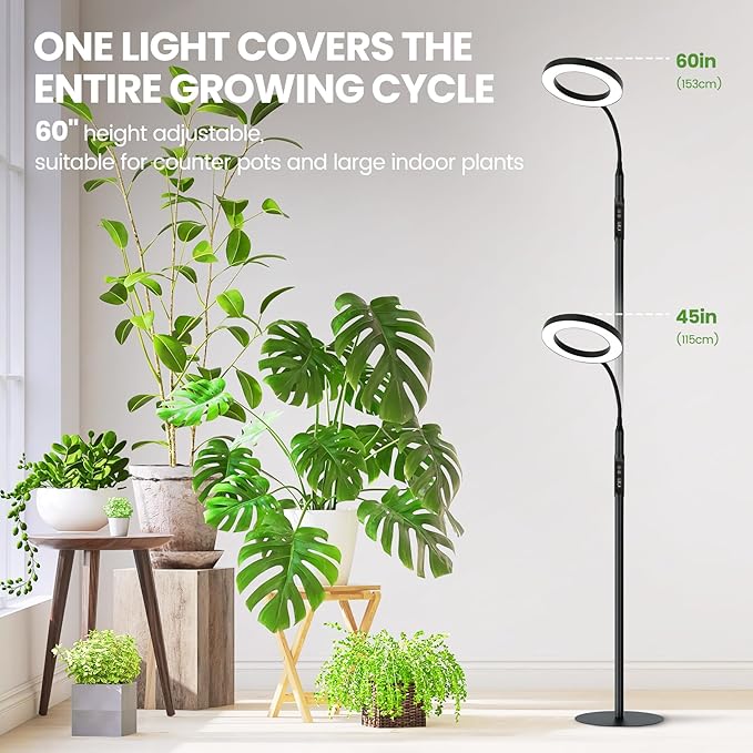 Grow Light for Indoor Plants,Upgrade Controller,Red Blue White Full Spectrum 95 LED Bulbs,60IN Stand Tall, Auto Timer, Stable Base,10 Dimmable Halo Floor Growth Lamp for Large Small Plant