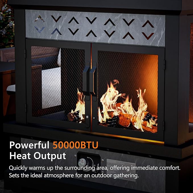 Outdoor Propane Fireplace w Tank Table, 50,000 BTU Gas Fire Pit with Ceramic Logs, Rain Cover, 35 Inch Steel Metal Smokeless Fireplace for Patio, Deck, CSA Certified (35 x 47 Inch)