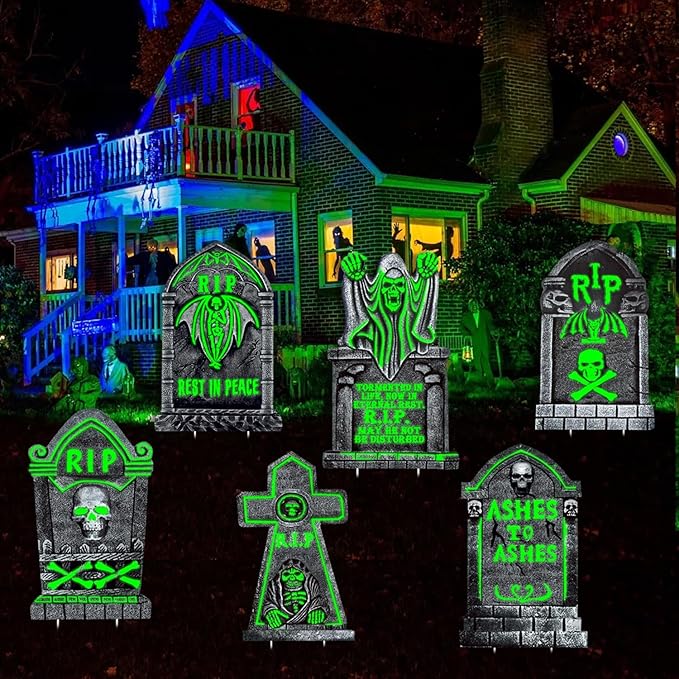 Large Halloween Tombstones Decorations Outdoor Yard Signs, 6Pcs 16"x25" Light Up Tombstones for Graveyard Displays, Glow in The Dark Cemetery Props, Waterproof and Reusable for Parties