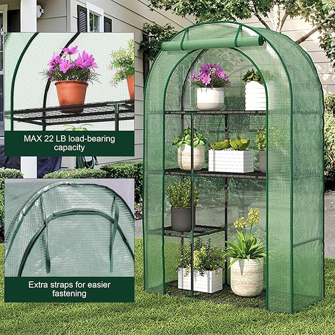 4-Tier Mini Greenhouse, 40 x 18 x 63 inch Steel Frame and PE Cover Plastic Plant Rack Stand Green House with Plant Repotting Mat for Indoor & Outdoor Use (Clear and Green)