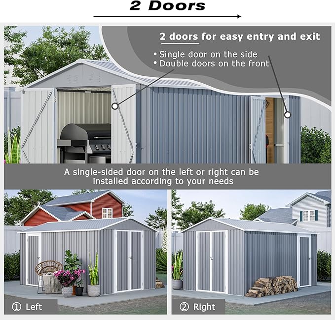 8x12 FT Large Metal Outdoor Storage Shed with Reversible Door Installation, Outdoor Shed w/Aluminium Floor Fram and Lockable Door, Garden Tool Storage Cabinet for Backyard Patio Lawn, Gray