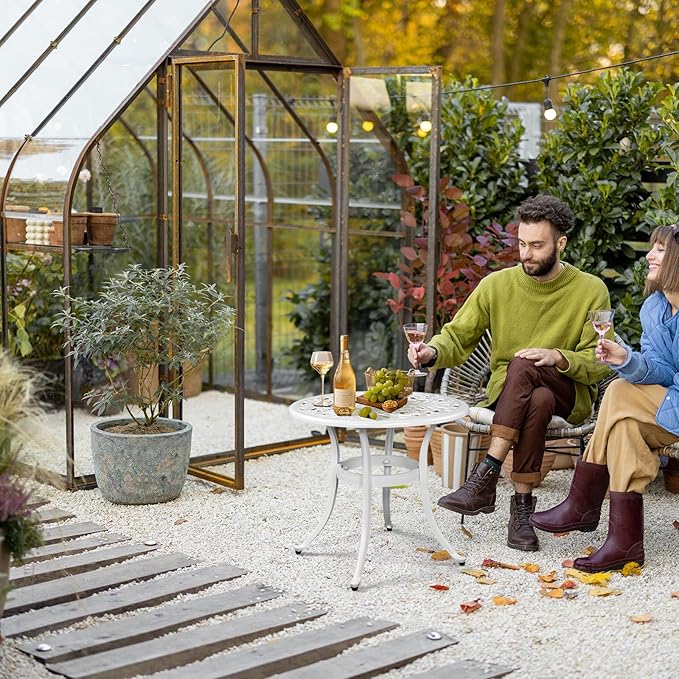 Outvita Patio Side Table, 23.6in Outdoor Round Cast Aluminum Bistro Table with Umbrella Hole and Antique Design for Backyard Porch Pool Balcony Deck White