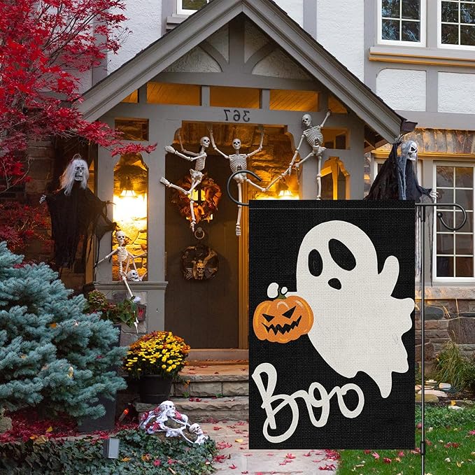 Halloween Ghost Garden Flag 12x18 Inch Double Sided Outside, Spooky Boo Garden Flag Welcome Holiday Yard Outdoor Decoration