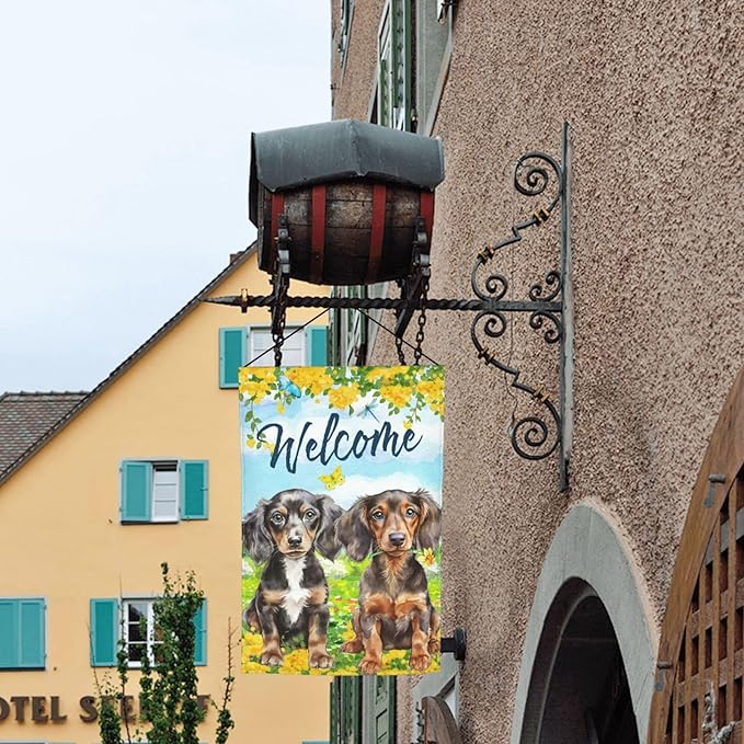 Puppy Lovers Spring Flowers Florals Cute Dachshund Dog Garden Flag Welcome Party Outdoor Outside Decorations Picks Home House Garden Yard Decor 12x18 Inch