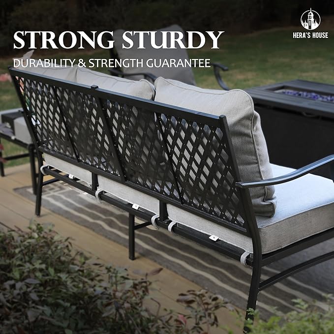 HERA'S HOUSE 7 Piece Patio Furniture Set, 2 x Rocking Chair, 2 x Fixed Chair, 2 x Ottoman, 1 x 3-Seat Sofa, All Cushioned 9 Seats Outdoor Conversation Set for Lawn Garden Backyard, Grey