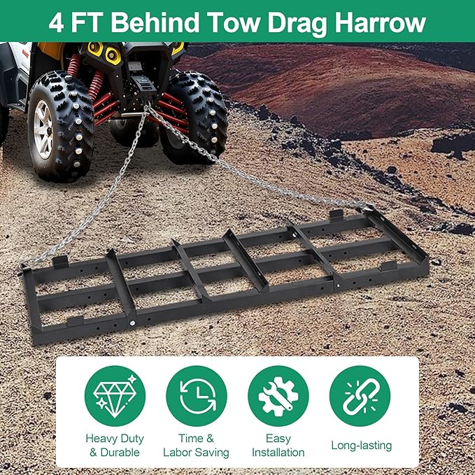 4 FT Drag Harrow Driveway Grader, Heavy Duty Power Rake, Driveway Drag for Gravel w/ 4 FT Chain, Tow Behind Lawn Rake for ATV, UTV, Tractor, Mower, Land Leveler for Gravel, Sand, Soil, Hay
