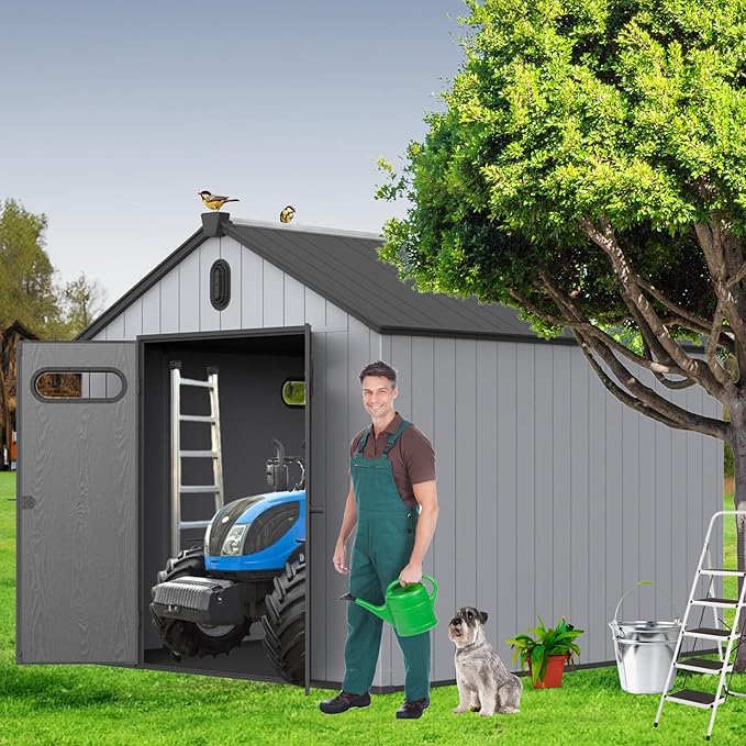 8x10 FT Outdoor Storage Shed with Hinge Door,Window & Air Vent,Outdoor Plastic Tool House W/Waterproof Tilted Roof,Heavy Duty Stroage Unit for Backyard,Patio,Lawn,Garden,Grey+Black