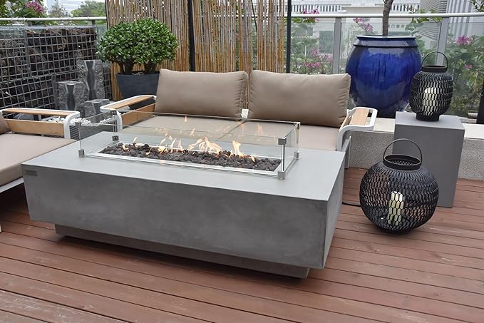 Elementi | Bundle Granville Gas Fire Pit Cast Concrete 60" Rectangular Fire Table, Outdoor Fire Pit Electronic Ignition | Canvas Cover, Lava Rock Included | Light Gray (Propane Gas)