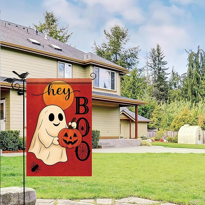 Halloween Garden Flag Hey Boo Ghost Pumpkin Flag 12x18 Inch Double Sided Outdoor Yard Banner for Trick or Treat Haunted House Fall Halloween Decoration Decor
