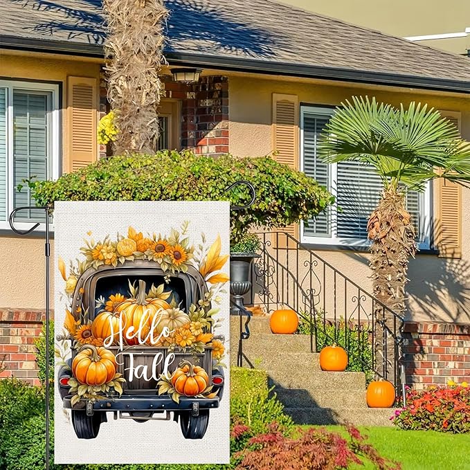 Hello Fall Pumpkin Truck Garden Flags 12x18 Vertical Double Sided, Autumn Thanksgiving Yard Flag for Outside, Holiday Seasonal Outdoor Decorations for Home