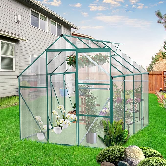 6x8FT Polycarbonate Walk-in Greenhouses, Heavy Duty Hobby Green House, Storage Shed with Sliding Doors & Adjustable Roof Vent, Aluminum Sunroom Hot House for Outdoor Garden Backyard