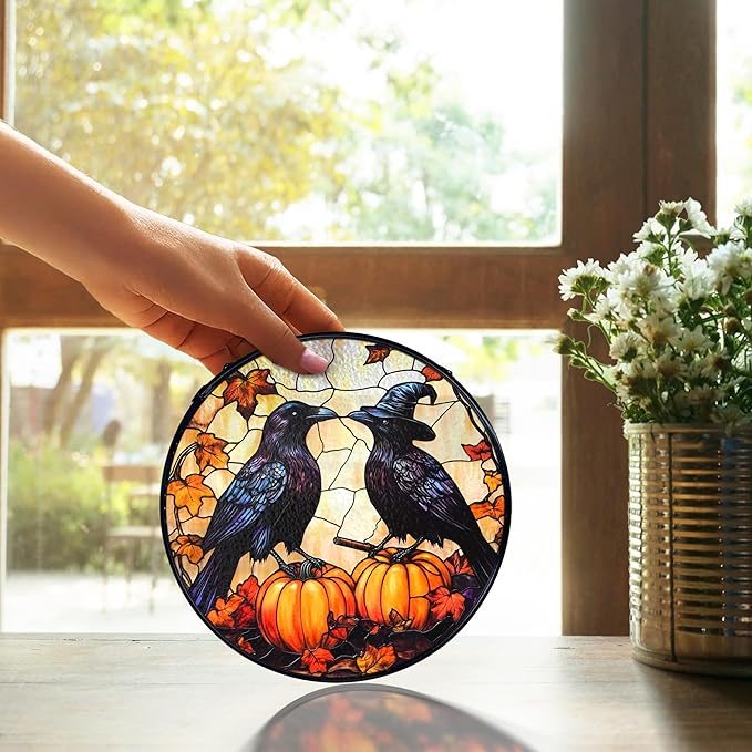 TNUW Halloween Fall Black Raven Stained Glass Window Hanging, Gothic Witchy Crow Pumpkin Sun Catchers Indoor Window Glass Round Wall Art Decor, Halloween Fall Wall Hanging Decorations, 7.9＂x7.9＂