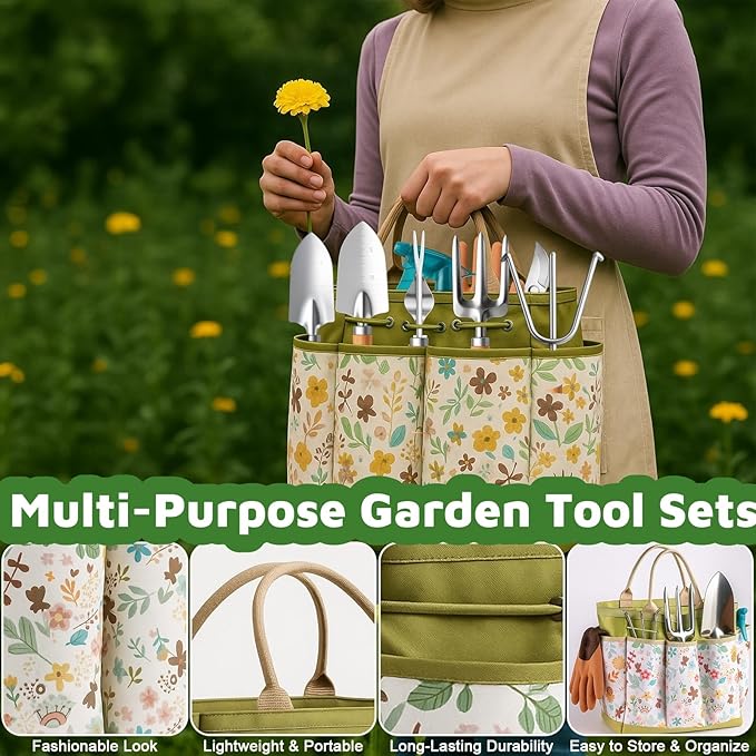 Gardening Tools 10-Piece Heavy Duty Gardening Tool Set with Fashion Durable Tote Organizer Bag, Rust-Proof Non-Slip Hand Tools, Ideal Gardening Gift for Women Gardener Gifts