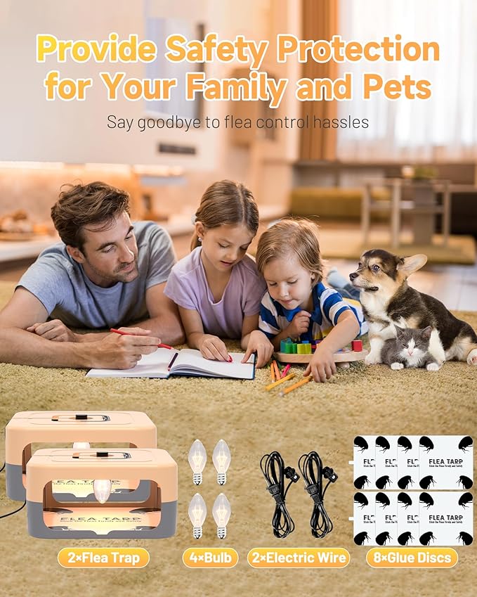 2 Pack Flea Traps for Inside Your Home, Flea Light Traps for Home Indoor with 4 Bulbs and 8 Sticky Discs, Bed Bug Trap Safe to Pets and Kids