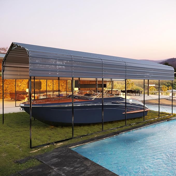 EROMMY 14x30 FT RV Carport, Heavy Duty Car-Port with Reinforced Metal Frame, Weather-Resistant Galvanized Steel Roof Shelters, Outdoor Car-Shed for RV, 2 Vehicles, Truck, Boat and SUV, Gray