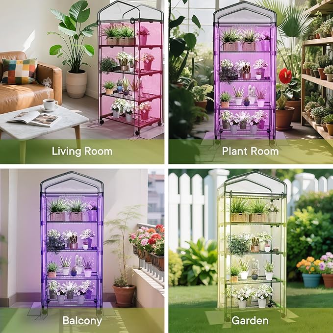 Indoor Greenhouse with Grow Lights & Wheels, 4 Tier Wire Shelf PVC Tent Portable Mini Green House Cabinet Kit for Plant Seed Starting