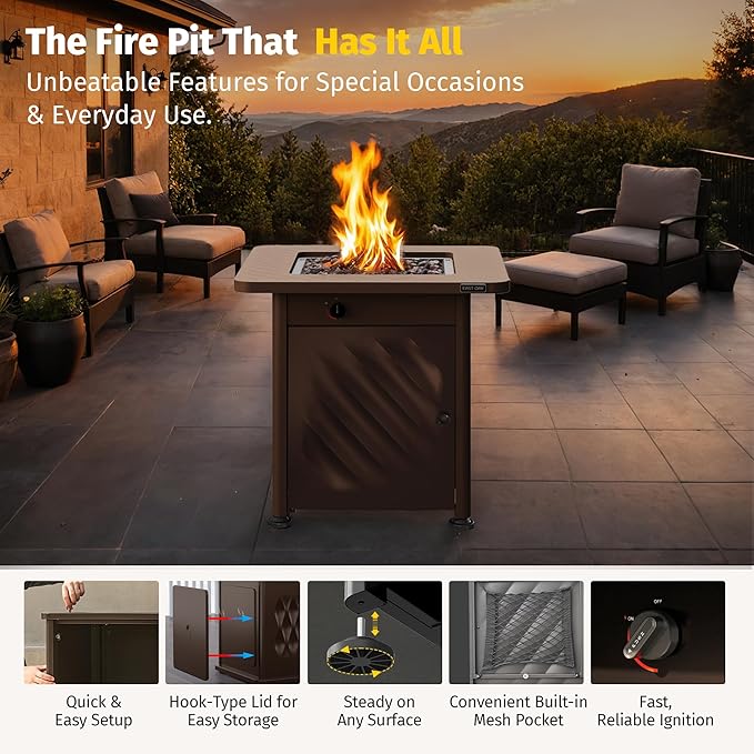 EAST OAK 28” Outdoor Propane Fire Pit Table | 52,000 BTU Gas Fire Pit for Outside with Easy-Hook Lid, Mesh Pocket & Lava Rocks | CSA Certified | Ideal for Patio, Garden & Backyard | Brown