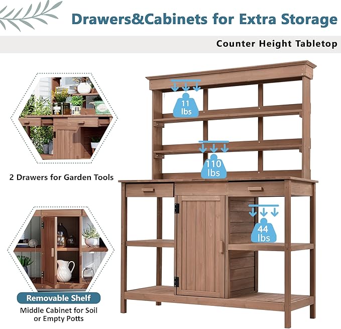 66" Outdoor Potting Bench Workstation - Farmhouse Style Wooden Garden Table with Drawers, Cabinet & Open Shelves (Brown + Solid Wood + originalwood)