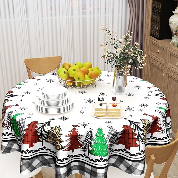 Giwawa Christmas Round Tablecloth 60 Inch Snowflake Xmas Trees Black Buffalo Plaid Decorative Table Cloth Polyester Washable Table Cover for Winter Holiday Party Picnic Dinner Decor