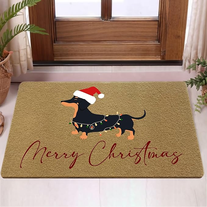 Merry Christmas Dachshund Faux Coir Door Mats Outdoor, Weiner Dog Gifts Door Mat for Home Outside Entryway, Christmas Dog Welcome Doormat for Indoor Outdoor Porch Entrance, 17x30 Inch