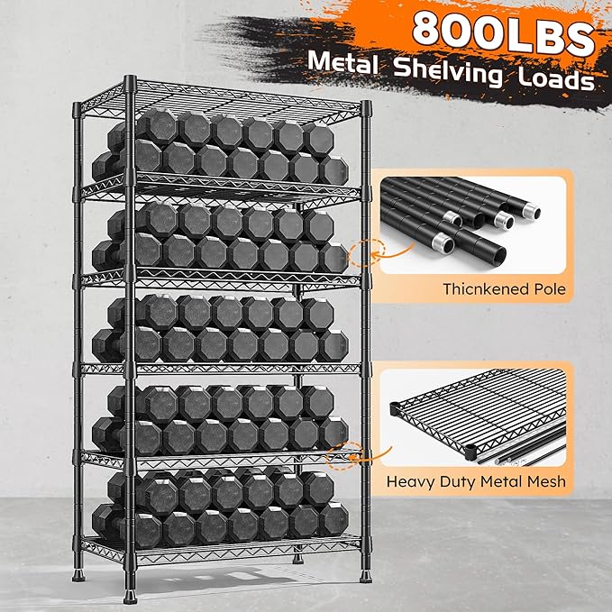 REIBII 6-Tier Metal Shelving Unit Storage Shelves, Sturdy Wire Shelving Adjustable Deep Pantry Shelves Load 800LBS Storage Rack for Kitchen Pantry Closet, Keep Organized, 2 Pack