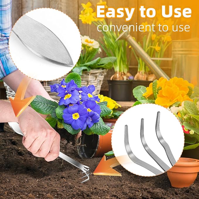 Stainless Steel Root Rake，Stainless Steel 3 Prong Root Rake Pick Loosen Soil Bonsai Tree Tool Set for Gardening Plants