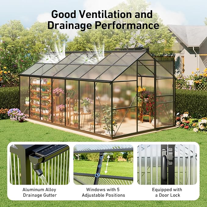 8x14FT Greenhouses for Outdoors, Polycarbonate Green House with UV Protection, Heavy Duty Greenhouse with Windproof Aluminum Frame, Roof Vent & Quick-Install Design for Backyard or Garden Use