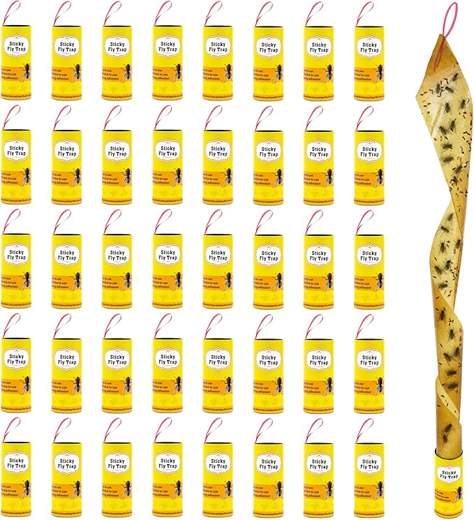 Dwcom 40 Packs Fly Strips, Fly Traps Indoor/Outdoor for Home Hanging, Fly Ribbon Tape Paper, Sticky Gnat Killer Traps Catcher for Fruit Flies, Bug, Insect, Pest, Mosquito, Plant