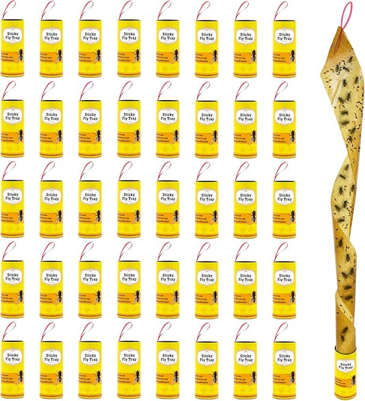 Dwcom 40 Packs Fly Strips, Fly Traps Indoor/Outdoor for Home Hanging, Fly Ribbon Tape Paper, Sticky Gnat Killer Traps Catcher for Fruit Flies, Bug, Insect, Pest, Mosquito, Plant