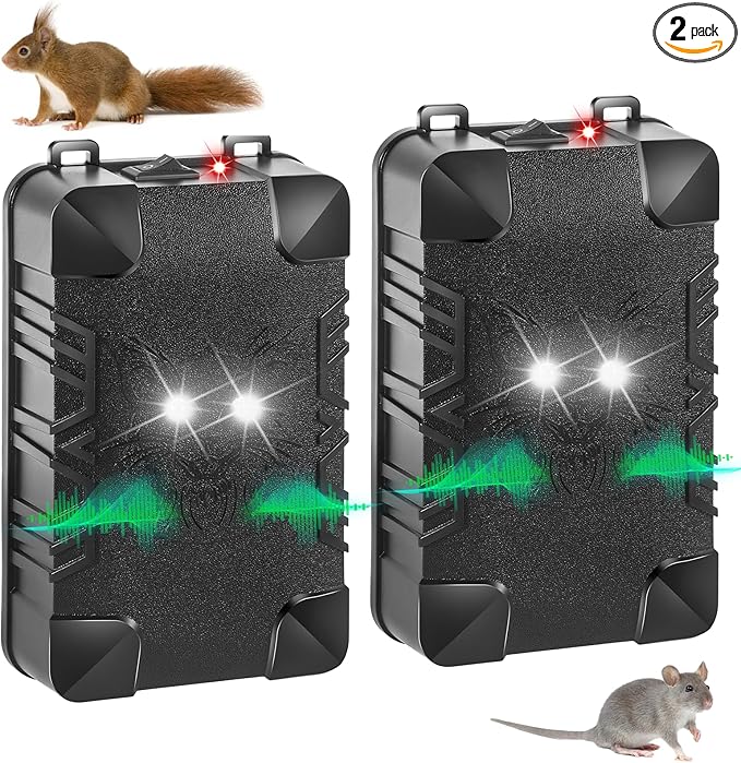 2 Pcs Under Hood Rodent Repeller with Strobe Light & 3 Power Supply Methods, Professional Ultrasonic Mouse Repellent Rat Squirrel Deterrent for 12V Cars Trucks RV Engine Bay Warehouse Attic