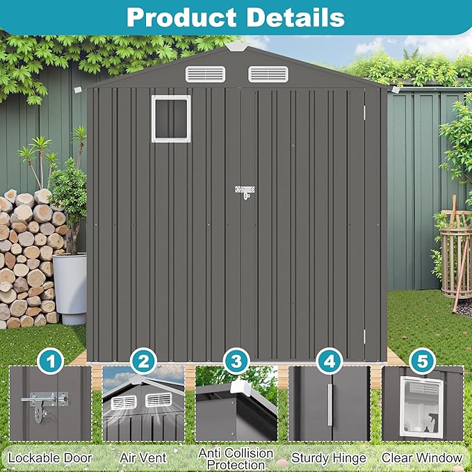 6x3.5 FT Outdoor Metal Storage Shed, Tool Shed with Peaked Roof and Lockable Door, Compact Garden Shed with Clear Window for Backyard Garden Patio Lawn, Gray