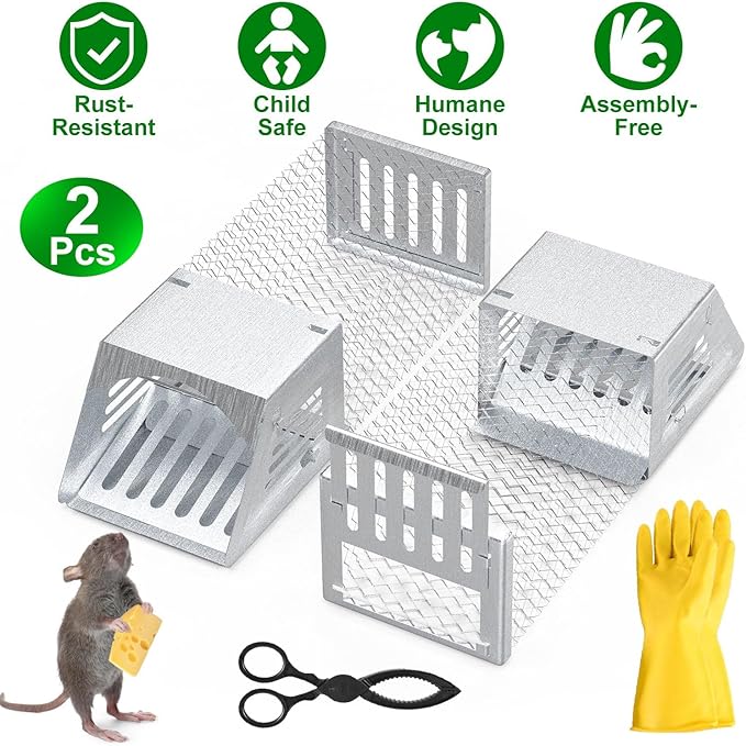2 Pack Humane Rat Trap, Single Door Metal Automatic Continuous Mouse Cage Traps and Other Small Live Animals Cage, Easy to Catch and Release, Work for Indoor Outdoor