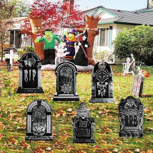 Halloween Gravestone Tombstones Yard Signs Decorations, Devil, Pumpkin, Bat, Spider, 6pcs 11.5”x16.93 Waterproof Halloween Graveyard for Home, Party, Cemetery Decor