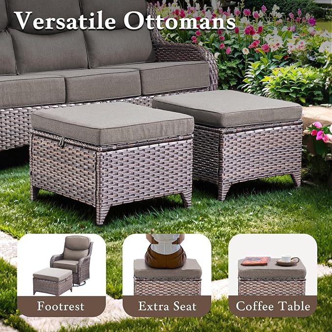 Luxury High Back Outdoor Furniture with 6-inch Extra Thick Cushions, Patio Furniture Set with Swivel Chairs, 7 PCS Wicker Conversation Set for Yard, Deck, Poolside, Brown/Grey