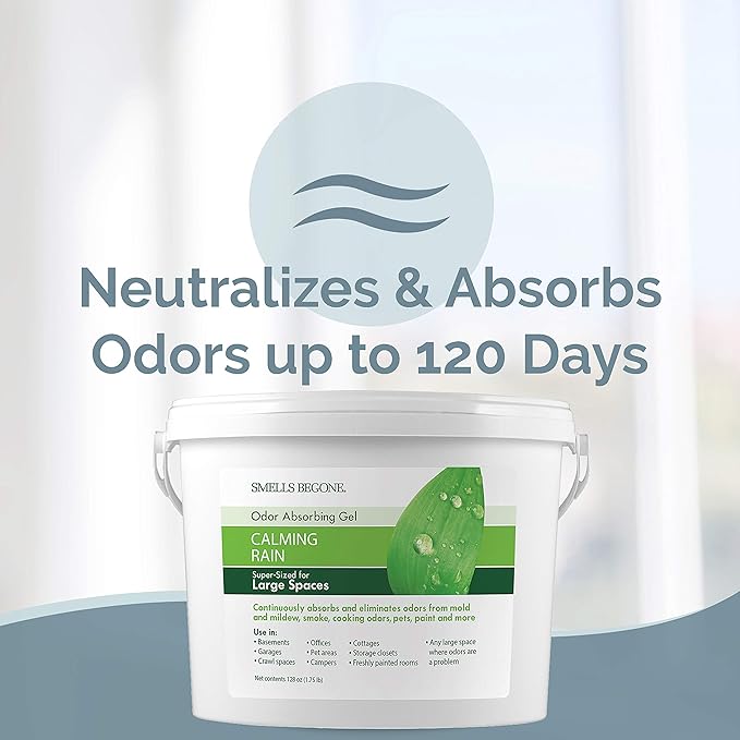 SMELLS BEGONE 1-Gallon Odor Absorber Gel - Air Freshener & Odor Eliminator for Homes, Garages & Commercial Buildings - Industrial Size - Calming Rain Scent