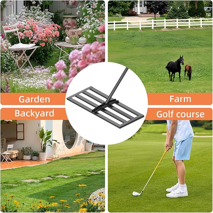 Lawn Leveling Rake 30"x10", Heavy-Duty Stainless Steel Yard Leveling Rake, Professional Soil Leveling Tool for Pastures, Golf Lawns, Gardens, Yards (Black)