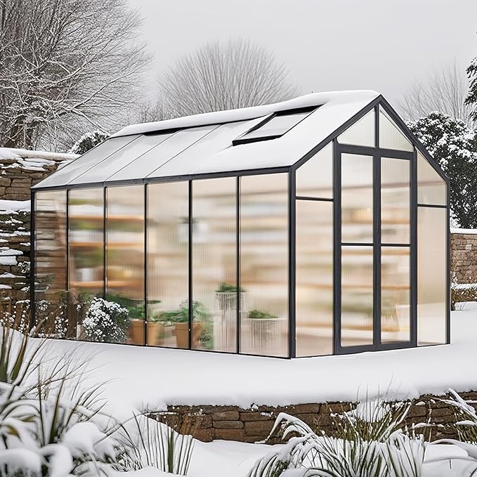 VEVOR Polycarbonate Greenhouse, 8 x 12 Ft, Outdoor Greenhouse with 2 Vent Windows, Pavilion Styled Greenhouse with Hinged Door, Aluminum Large Walk-in Greenhouse Kit for Outside Garden Backyard