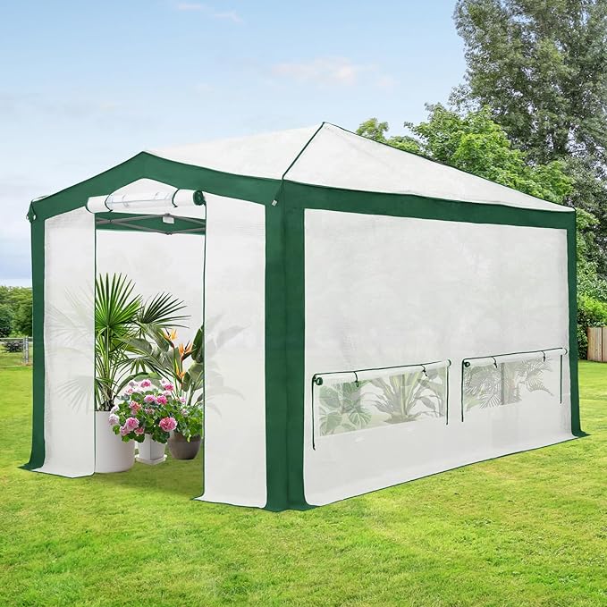 EAGLE PEAK 12x8 Portable Walk in Greenhouse with Polyester Reinforced Corners, Instant Pop up Indoor Outdoor Gardening Green House, Roll Up Zipper Entry Doors and Mesh Windows, Green/White