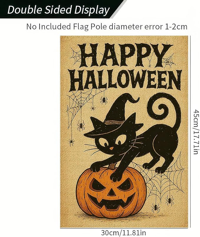 Happy Halloween Garden Flag 12x18 Inch Double-Sided Black Cat Flags Pumpkin Spider Web Design Fall Outdoor Decoration Polyester Yard Banner for Porch or Lawn