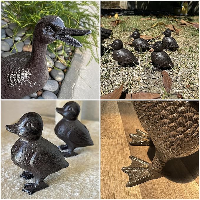 Vintage Cast Iron Duck Family Garden Statue, Rust Brown Mother Duck（15.7" Tall） with 4 Ducklings（3.6" Tall）, Outdoor Decorative Sculpture Set for Yard Patio HC5387-6905
