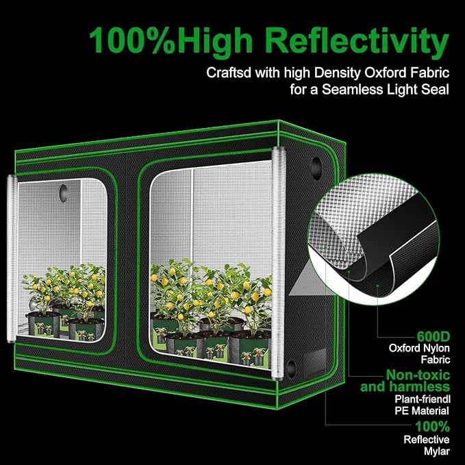 MELONFARM 4x8 Grow Tent, 96"x48"x80" High Reflective 600D Diamond Mylar Canvas with Observation Window and Floor Tray for Hydroponic Indoor Plant Growing