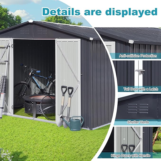 Sheds & Outdoor Storage 12 ft × 10 ft Storage Shed Large Classic Apex Roof Metal Garden Storage Sheds with Hinged Door Tool Cabinet for Backyard, Patio, Poolside, Dark Gray