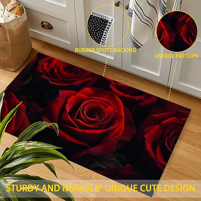 Red Rose Flower Indoor Outdoor Rugs,Modern Floral Doormat Outside Entrance,Non-Slip Welcome Mat Indoor Felt Floor Mat for Back Door Patio, Porch,Home Entryway,30 x 17 Inch