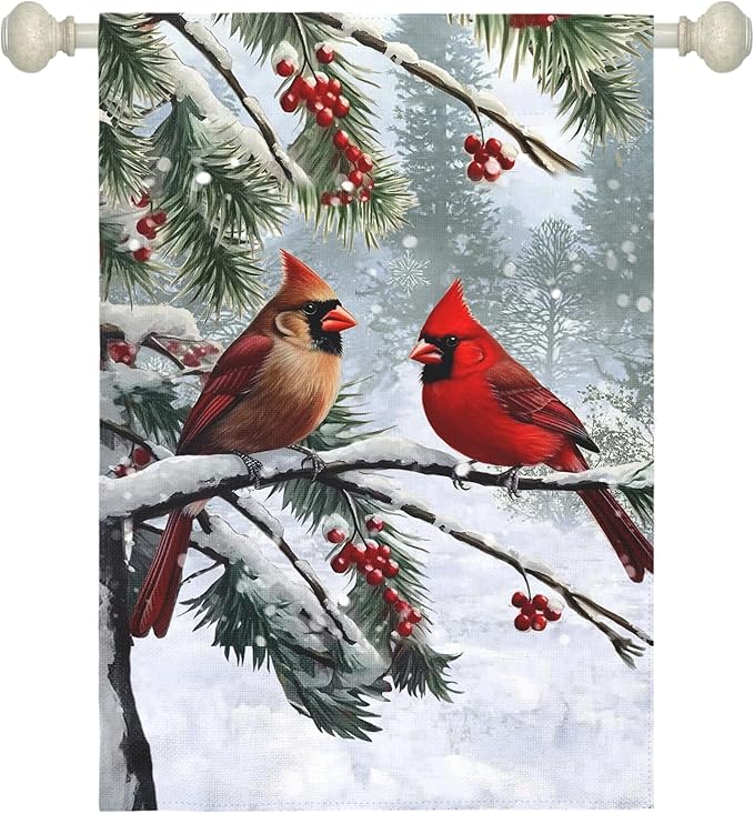 Winter Cardinal Bird Garden Flag Red Bird Pine Twigs Yard Flag Double Sided Polyester Holly Berry Snow Seasonal House Banner for Outdoor Farmhouse Christma Holiday Decor 28 x 40 Inch