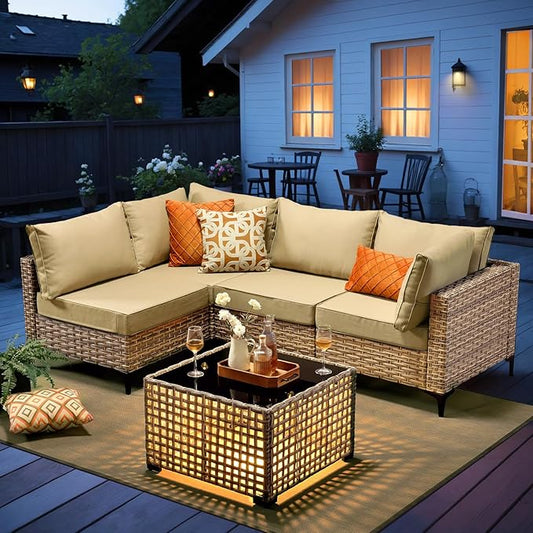 Outdoor Sectional Patio Furniture Set with Glowing Table,5 Pieces Wicker Conversation Sets L Shaped Couch Out Door Sofa Set Outside Furniture for Garden Deck Yard Porch,Beige
