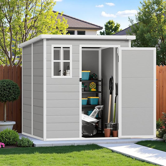 6x6 FT Grey Resin Garden Storage Shed - Waterproof Outdoor Storage with Floor, Lockable Door, Window & Vents - All-Weather PP Plastic Shed for Backyard, Patio, Bikes, Tools & Seasonal Gear