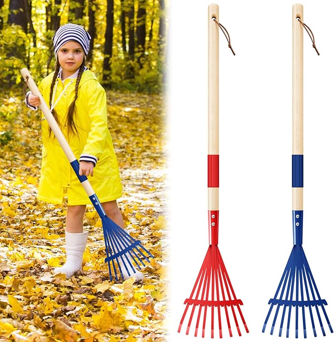 Suclain 2 Pcs Kids Rakes with Hardwood Handle Small Rake Child Size for Gardening Kids Yard Tools Multicolor 28'' Mini Rake for Leaves Lightweight for Children Garden Leaf Tools