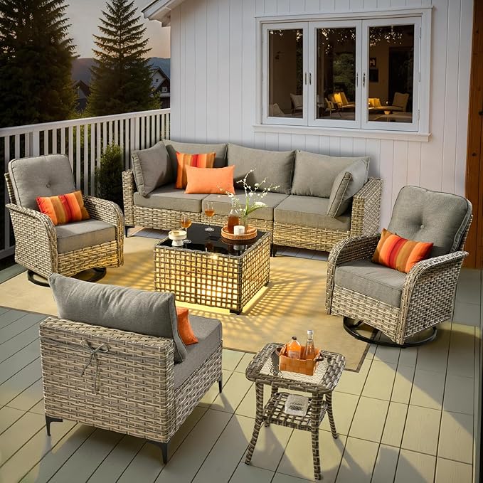 HOOOWOOO Outdoor Patio Furniture Set,8 Pieces Wicker Out Door Sectional Furniture L Shaped Couch,Patio Conversation Sets with Swivel Rocking Chair LED Table,Charcoal Gray