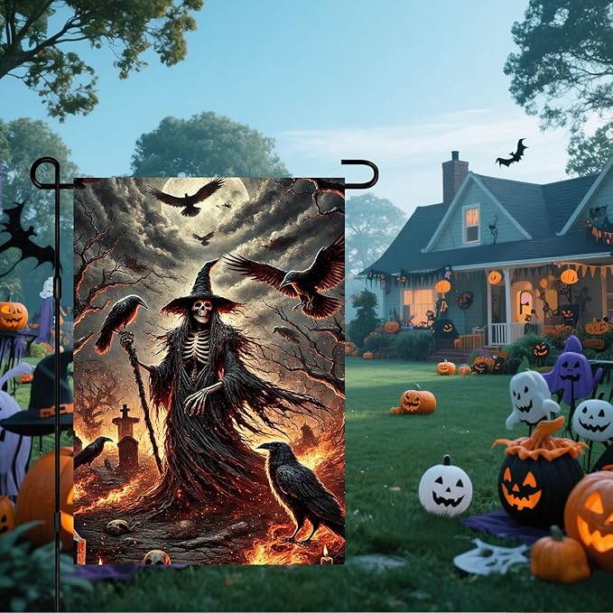 IVN Halloween Garden flag witch crows raven dark scene design outdoor yard patio spooky holiday decor backdrop seasonal festive display 12x18 inch polyester For Girls or boys gifts Gardens Flags