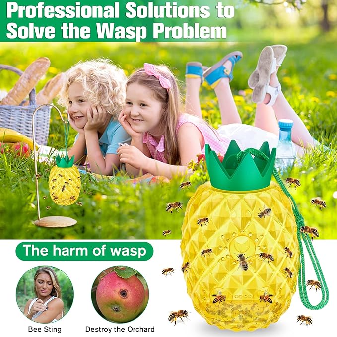Wasp Traps, Honey Bee Trap for Outdoor Hanging, Sticky Yellow Jacket Insect Catcher, Reusable Insect Trap for Bees and Hornets, 2 Packs